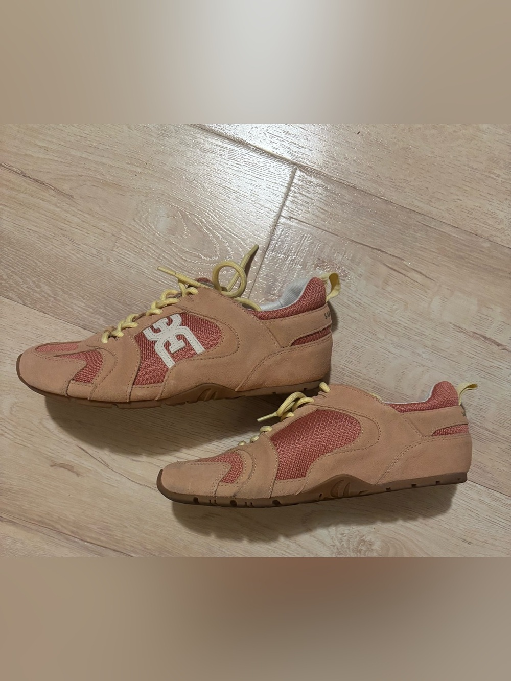 Sam Edelman Pink and Tan Mesh Suede-Style Sneakers